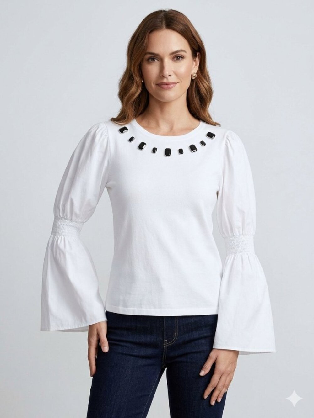 Alberto Makali White Top With Black Embellished Neckline Small NWT